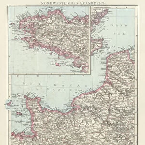 Old chromolithograph map of France - Northwest part