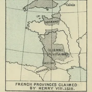 Old chromolithograph map of French provinces claimed by Henry VIII - 1512 Old chromolithograph map of French provinces claimed by Henry VIII - 1512