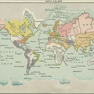 Old chromolithograph map of geographical knowledge at about 1800 A.D