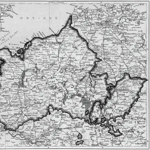 Old chromolithograph map of Mecklenburg, a historical region in northern Germany comprising the western and larger part of the federal-state Mecklenburg-Western Pomerania (largest cities are Rostock, Schwerin, Neubrandenburg, Wismar and Gustrow)