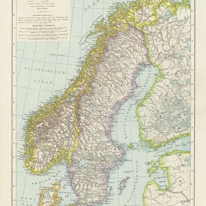 Old chromolithograph map of Norway and Sweden (Scandinavia)