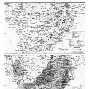 Old chromolithograph map of occurrences of exploitable minerals and geological map in South Africa