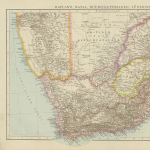 Old chromolithograph map of South Africa - Cape Colony and Natal provinces, Namibia - coast British