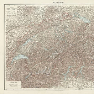 Old chromolithograph map of Switzerland, Western, Central and Southern Europe