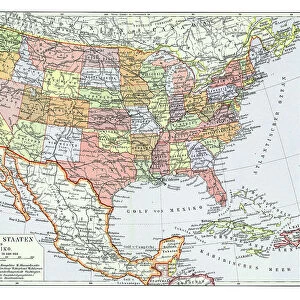 Old chromolithograph map of the United States and Mexico