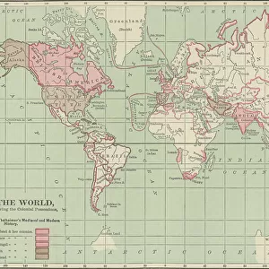 Old chromolithograph map of the World, showing the Colonial Possessions
