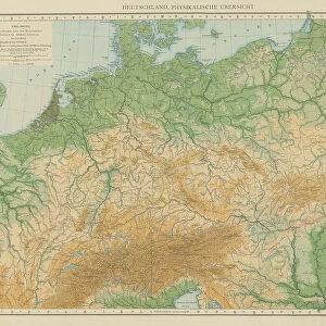 Old chromolithograph physical map of Germany