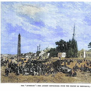 Old engraved illustration of the "At-Meidan" - ancient hippodrome - with Column of Theodosius, Constantinople