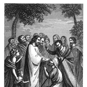 Old engraved illustration of Christ restoring sight to Bartimaeus