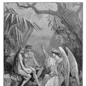 Old engraved illustration of The Conference With The Angel Raphael (Gustave Dore) The Garden of Eden