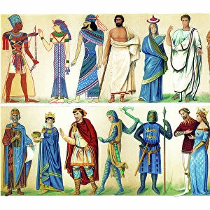 Old engraved illustration of costumes (ancient and medieval)