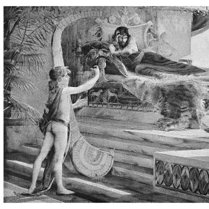 Old engraved illustration of David calming the wrath of Saul