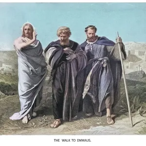 Old engraved illustration of Jesus Christ walk to Emmaus Old engraved illustration of Jesus Christ walk to Emmaus