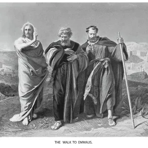 Old engraved illustration of Jesus Christ walk to Emmaus Old engraved illustration of Jesus Christ walk to Emmaus