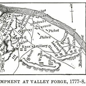 Old engraved illustration of map of encampment at Valley Forge (1777-1778)