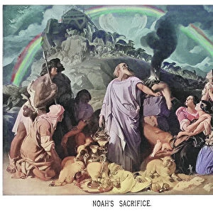 Old engraved illustration of Noah's Sacrifice after the Flood