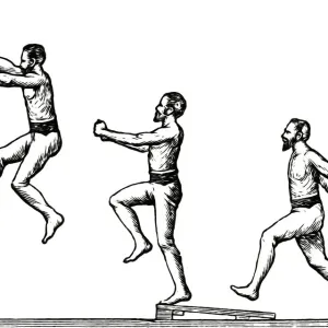 Old engraved illustration of sequence of jumping man