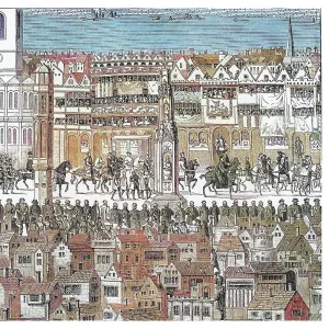 Old engraved illustration of view of the coronation procession of King Edward VI King of England and Ireland (1547)