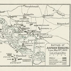Old engraved map of Battle of Aspern-Essling (21-22 May 1809)