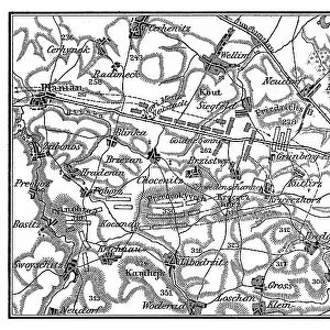 Old engraved map of the Battle of Kolin on 18 June 1757 saw 54, 000 Austrians under Count von Daun defeat 34, 000 Prussians under Frederick the Great during the Third Silesian War (Seven Years War)