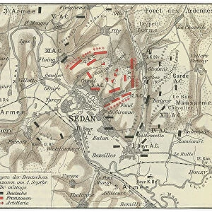 Old engraved map of Battle of Sedan, fought during the Franco-Prussian War from 1 to 2 September 1870