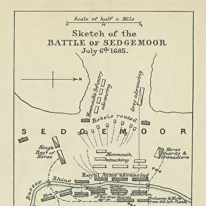 Old engraved map of Battle of the Sedgemoor (06. 07. 1685) - last and decisive engagement between the Kingdom of England and rebels