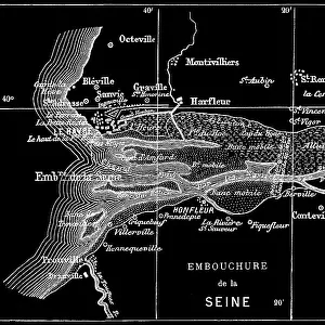Old engraved map of Seine River, a 777-kilometre-long (483 mi) river in northern France