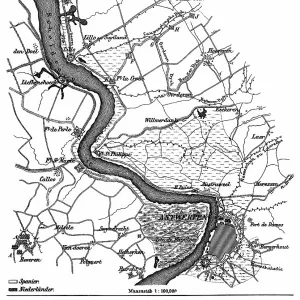 Old engraved map of the siege of Antwerp by Alexander Farnese from 10. 07. 1584 to 17. 08. 1585