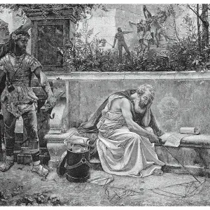 Old engraving illustration of death of Archimedes (ancient Greek mathematician, physicist and engineer) Old engraving illustration of death of Archimedes (ancient Greek mathematician, physicist and engineer)