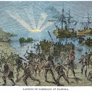 Old engraving illustration of landing of Giuseppe Maria Garibaldi, (4 July 1807 - 2 June 1882) - Italian general, patriot, and republican at Marsala Old engraving illustration of landing of Giuseppe Maria Garibaldi, (4 July 1807 - 2 June 1882) - Italian general, patriot, and republican at Marsala