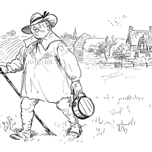 A corpulent farmer in a smock strides across fields with a flask A corpulent farmer in a smock strides across fields with a flask