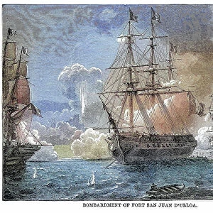 Old illustration of bombardment of Fort San Juan D'ulloa - the Battle of Veracruz or Battle of San Juan de Ulua