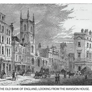 Old illustration of the Old Bank of England, looking from the Mansion House, London, England Old illustration of the Old Bank of England, looking from the Mansion House, London, England