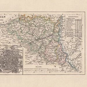 Old map of Belgium and Brussels, steel engraving, published 1857