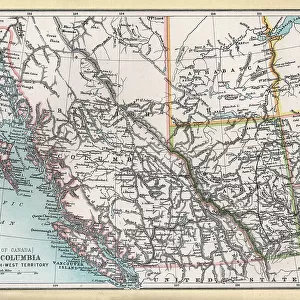 Old Map of British Columbia and part of the North West Territory, Canada, 1890s, 19th Century