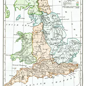 Old map of England after treaty of Chippenham in 878