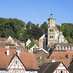Old town with St. Michael Kirche church, Schwaebisch Hall, Hohenlohe, Baden-Wuerttemberg, Germany, Europe