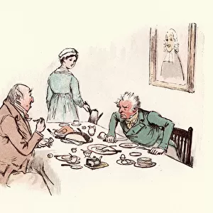 Two old victorian men arguing over the dinner table