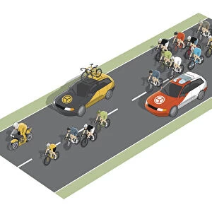 Open road race, including cyclists, team cars and lead motorcycle