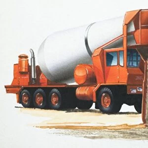Orange cement truck, side view