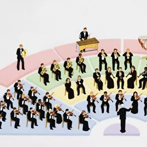 Orchestra, instrumental ensemble arranged with percussion, string, brass, and woodwind sections, with conductor, elevated view
