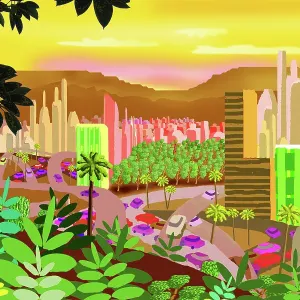 Outsider Art retro style futuristic fantasy Cityscape digital Landscape Illustration