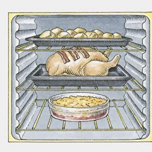 Oven filled with trays of roast potatoes, roast chicken, and crumble pudding