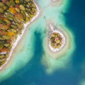 Overhead view of Eibsee lake, Bavaria, Germany Overhead view of Eibsee lake, Bavaria, Germany