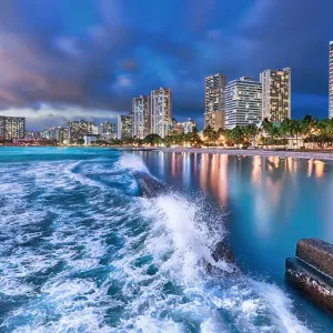 Pacific Surge Waves Print: Blue Hour Over Waikiki Beach Pacific Surge Waves Print: Blue Hour Over Waikiki Beach