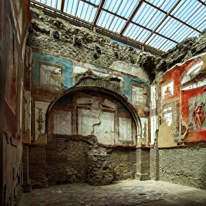 Painted Murals And Frescoes Inside A Room At The Ancient Roman Ruins At Herculaneum (Ercolano), Campania, Italy