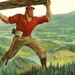 A painting if Paul Bunyan carrying a log above his head