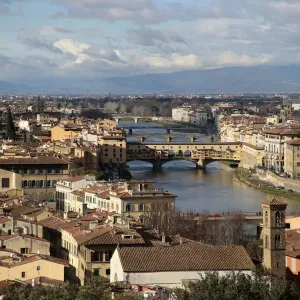 Panorama of Florence with the Arno River, as seen from the hill of San Miniatos Church Panorama of Florence with the Arno River, as seen from the hill of San Miniatos Church
