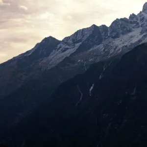 Panorama of the top of Himalayan mountain range with sunrise