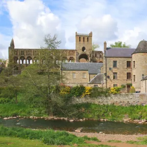 Panorama of Jedburgh with Jed water river, bridge and abbey ruins, Scotland